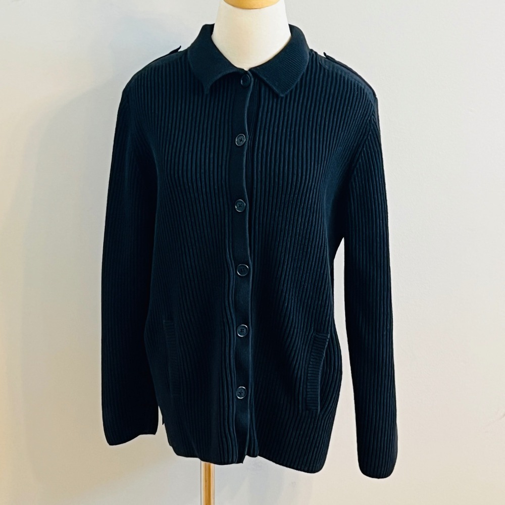 Lauren Ralph Lauren Black Ribbed Knit Button Front Cardigan Sweater Large Cotton